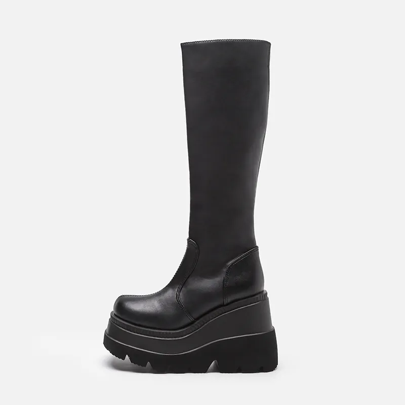 Dames Gothic Sleehak Plateau Kniehoge Laarzen Ronde Neus Zijrits Motorfiets Ridder Laarzen Dikke Zool Punk Retro Laarzen