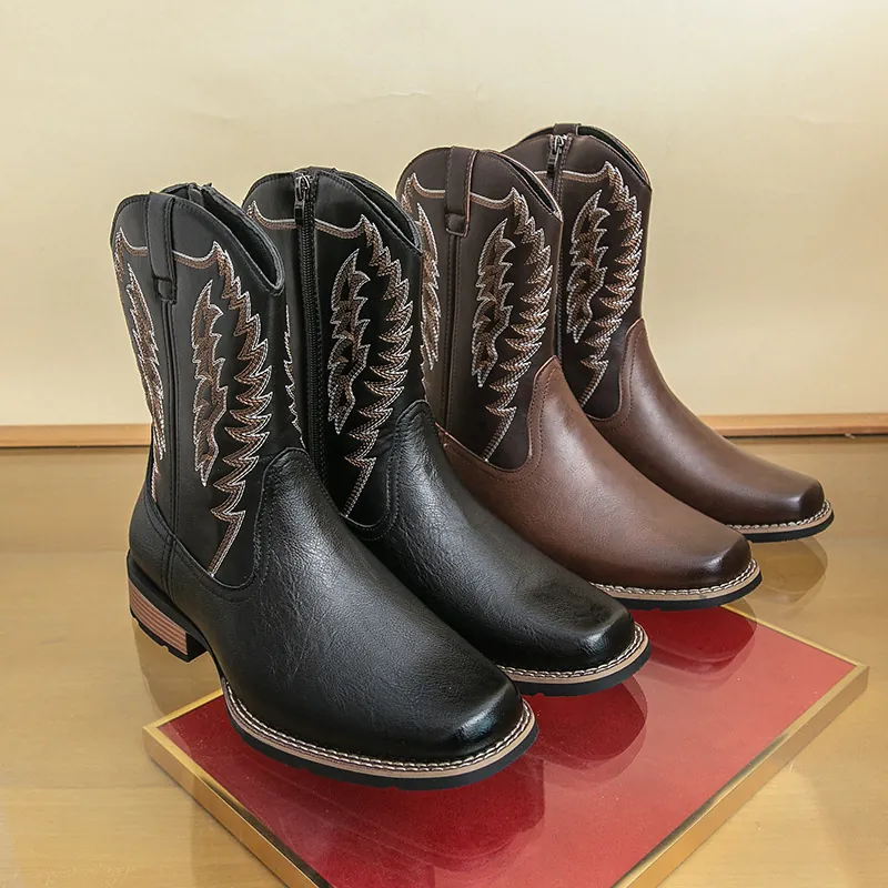 Herren Vintage Martin Boots Echtes Leder Bestickt Geschnitzt Palaststil Rutschfest Western Cowboy Motorrad Arbeitsschuhe