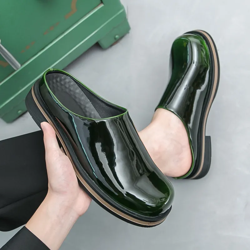 Mules da Uomo Casual in Vernice Suola Spessa Punta Tonda Scarpe Slip-on Estate Tendenza Moda Coreana Outdoor Mules Versatili