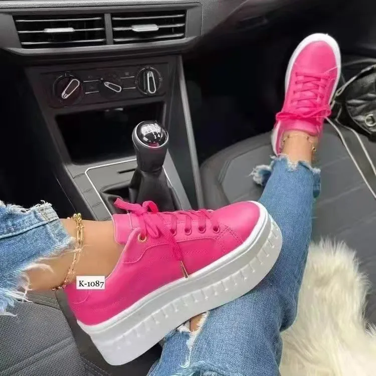 Women's Platform Sneakers PU Leather Round Toe Thick Sole Lace-up Casual Shoes Fashion Breathable Height Increasing Daily Sneakers