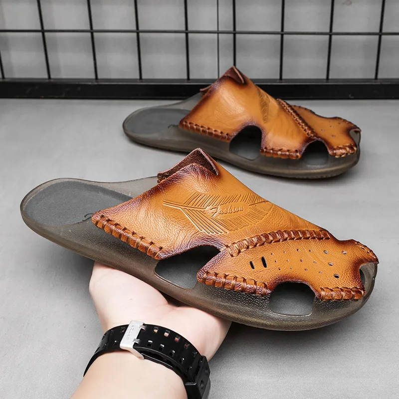 Handmade Cowhide Leather Sandals Men Summer Breathable Beach Mules Large Size Casual Hollow Out Slippers Rubber Sole Shoes