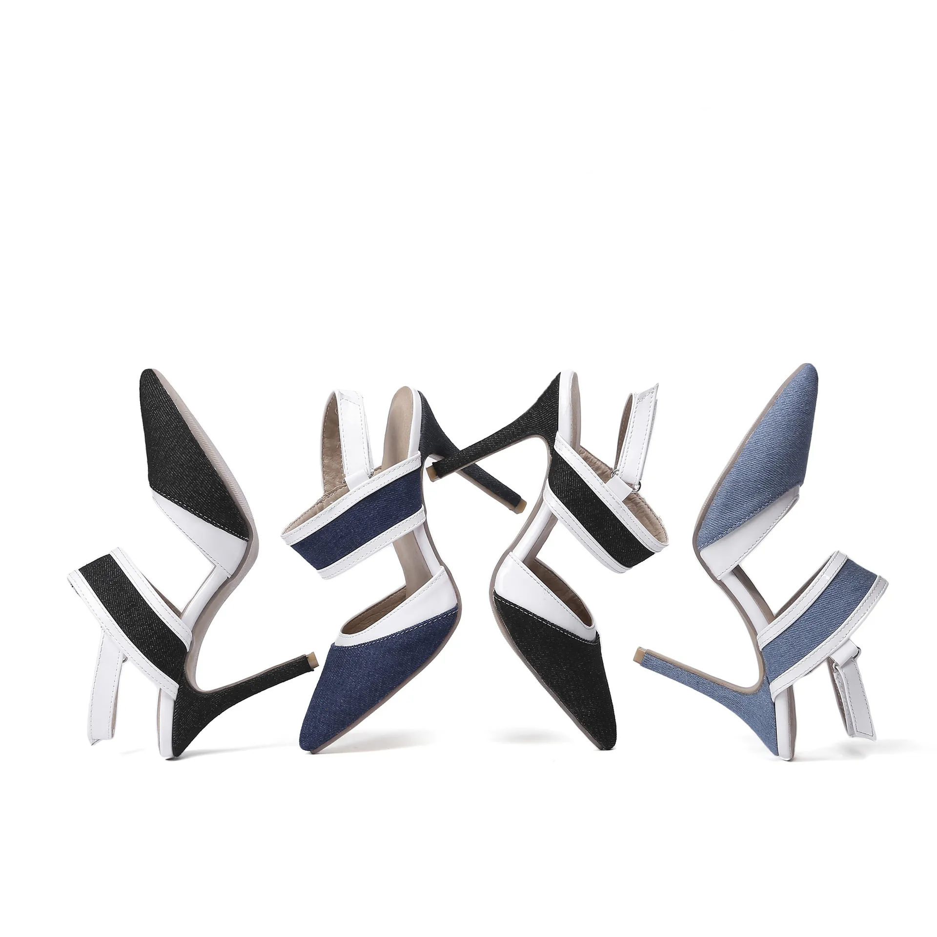 Tacones de Aguja de Punta Estrecha Franceses Mujer Denim Color Contraste Sandalias Slingback Tacones Altos Elegantes Boda