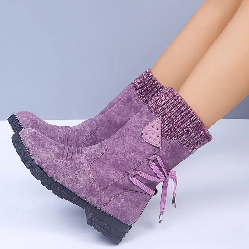 Women Vintage Martin Boots Mid-Calf Chunky Heel Back Lace-Up Knitted Patchwork Autumn Winter Faux Suede Fabric Boots Plus Size