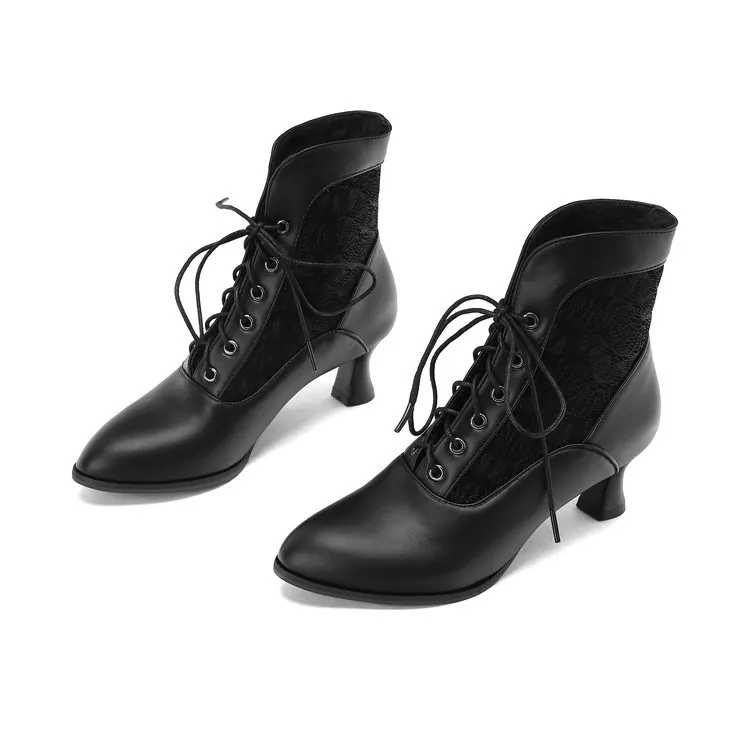 Victorian Style Lace Ankle Boots For Women Retro Pointed Toe Lace Up Kitten Heel PU Leather Wedding Party Fashion Shoes