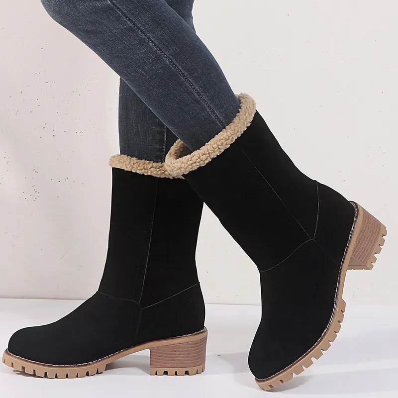 Women Mid-Calf Snow Boots Faux Fur Lined Warm Winter Boots Chunky Heel Waterproof Non-Slip Cotton Fabric Outdoor Shoes