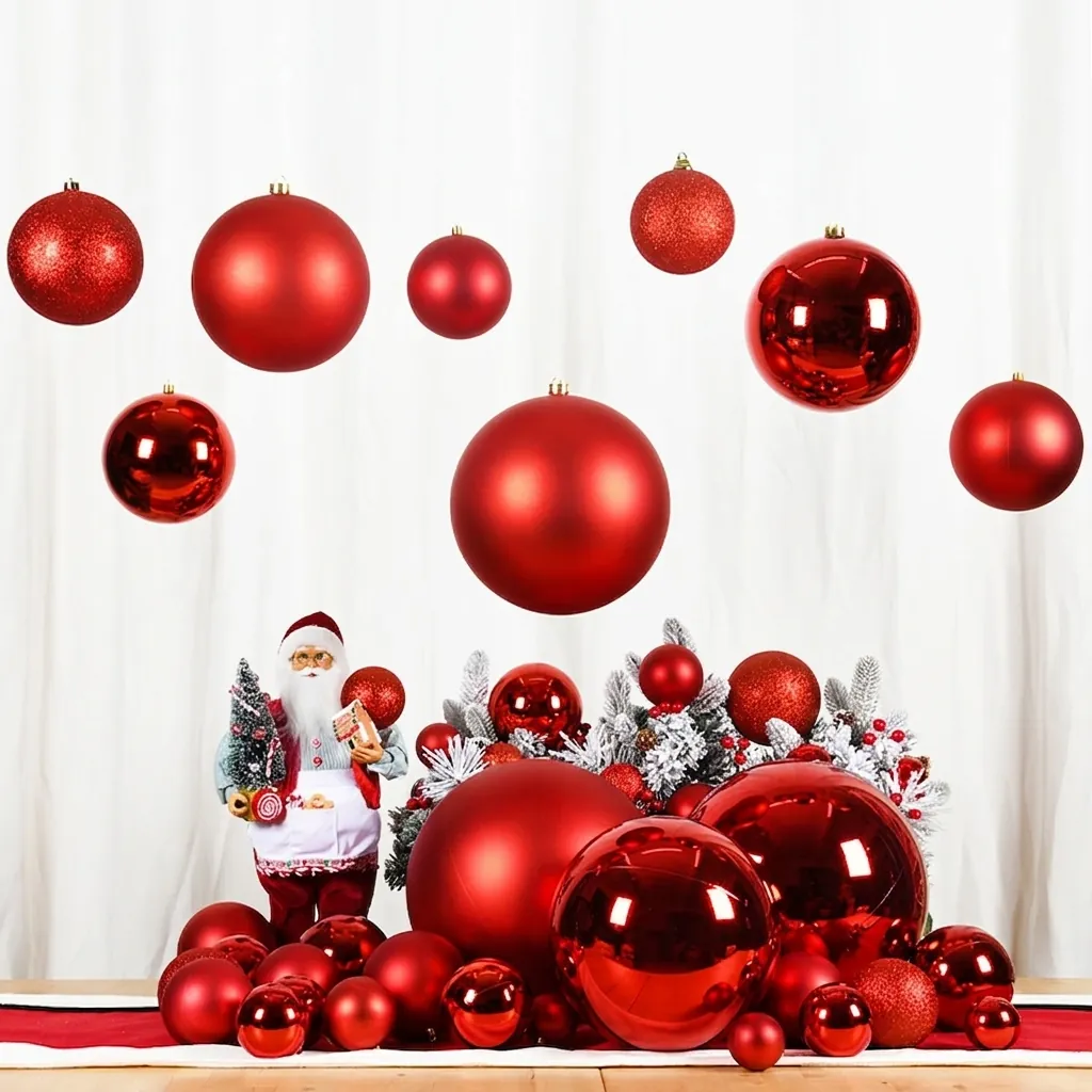 Red Christmas Ball Ornaments Set For Holiday Atmosphere PVC Glossy Matte Glitter Decorative Hanging Balls For Xmas Tree Party Home Ceiling Decor