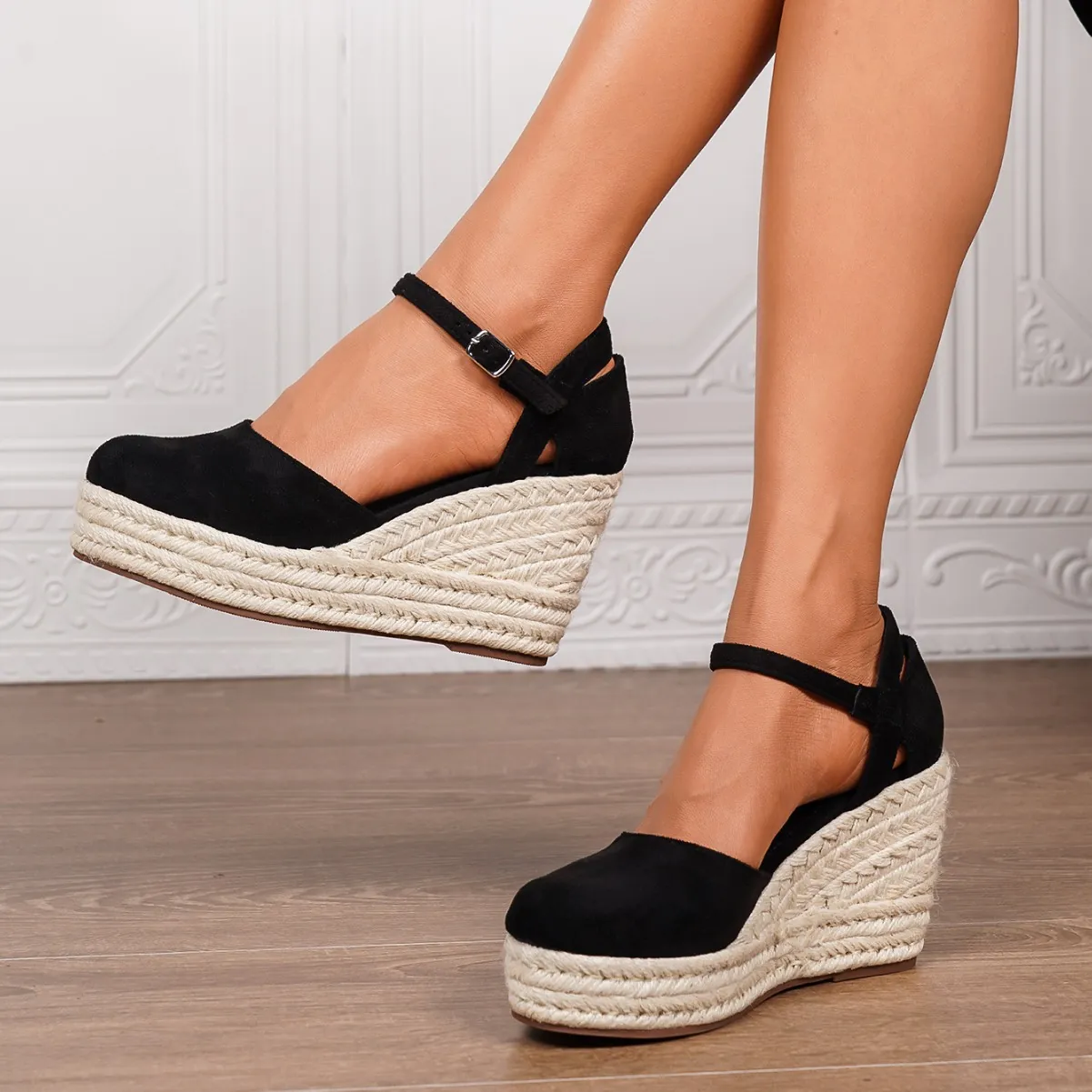 Damen Mode Geschlossene Zehen Keilsandalen Hohe Plateau Espadrilles Bohemian Hanfseil Strohgeflecht Knöchelriemen Sandalen