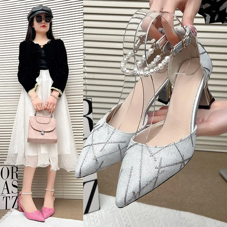 French Elegant Pointed Toe Chunky Heel Sandals With Pearl Ankle Strap Glitter Fabric Banquet Wedding High Heels For Women