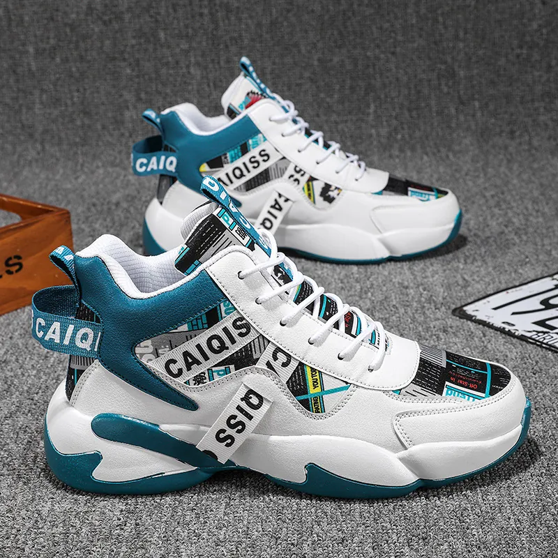 Men Breathable Thick Sole Dad Shoes Fashion High Top Basketball Sneakers Color Block Graffiti Sports Shoes for Men Unisex