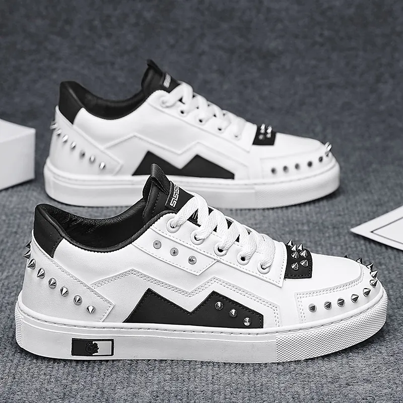 Men's Casual Studded Sneakers Rivet Skateboard Shoes Light Luxury Leather Low Top Flat Board Shoes Punk Trendy Footwear