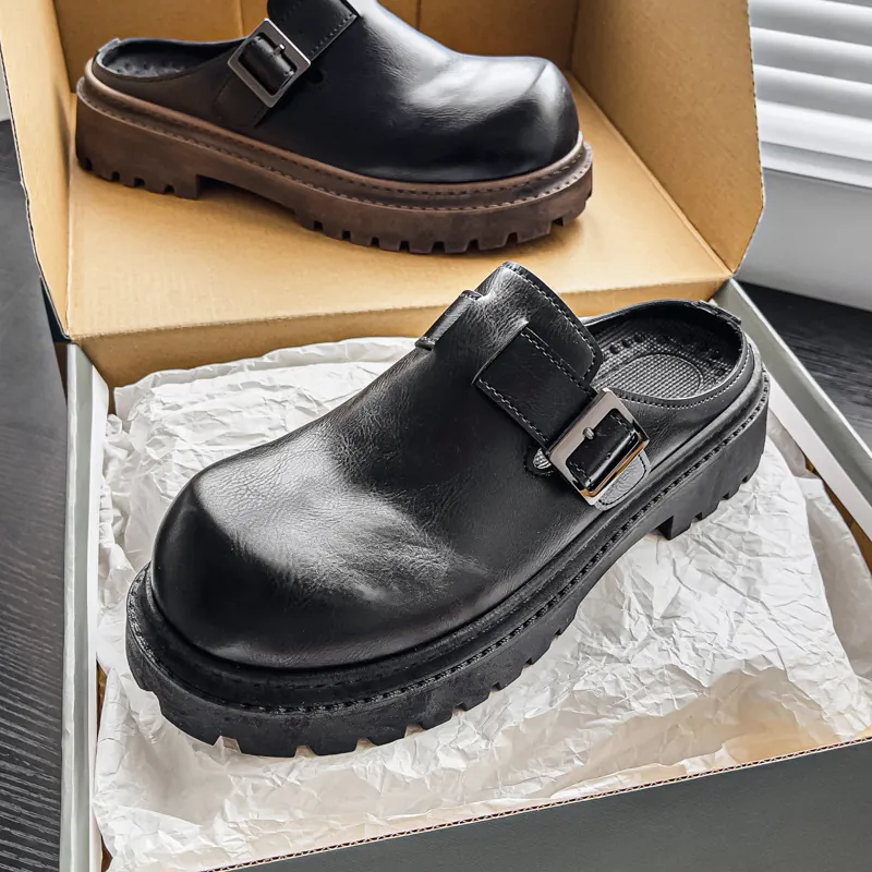 Mules de Cuero de Microfibra de Lujo para Hombre con Hebilla Suela Chunky Transpirable Mocasines Casual Designer Estilo Birkenstock