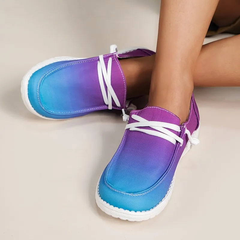 Women Gradient Canvas Loafers Casual Lace-up Flat Shoes Comfortable Breathable Summer Lazy Shoes For Daily Beach Travel