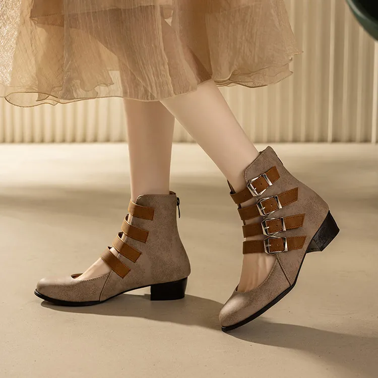 Women's Vintage Roman Style Mary Jane Block Heel Boots Round Toe Hollow Out Buckle Strap Back Zipper PU Leather Mid-Calf Shoes
