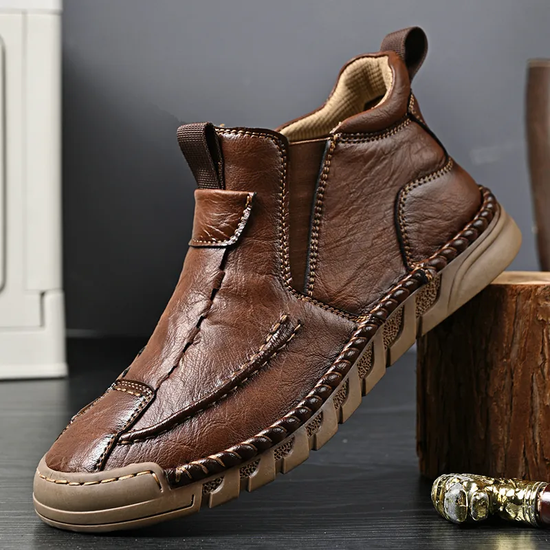 Men Outdoor Chelsea Martin Boots Slip On Microfiber Leather Fashion Casual Soft Sole Contrast Stitching Non Slip Work Shoes