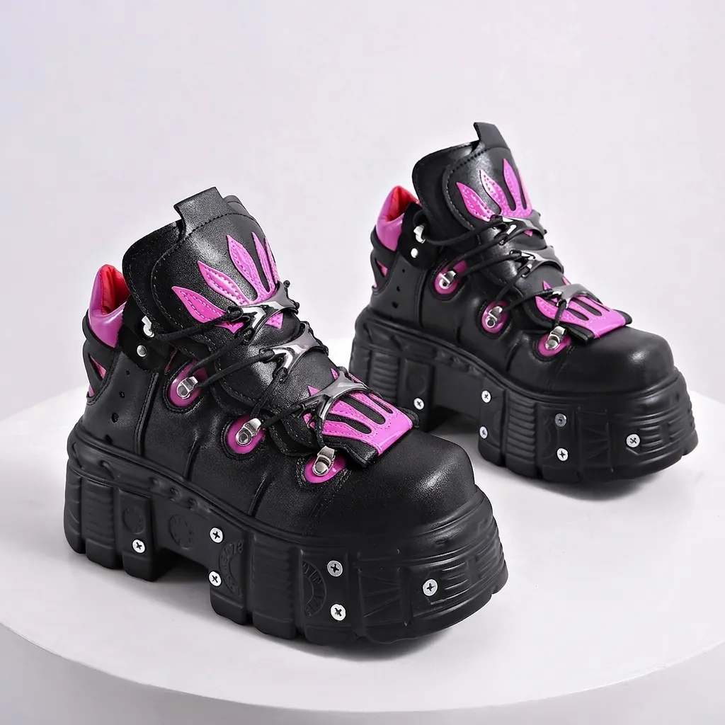 Women's Gothic Punk Platform Shoes Metal Studded Rivet Tank Sole Black Rose Red Flame Contrast Lace Up Chunky Creepers