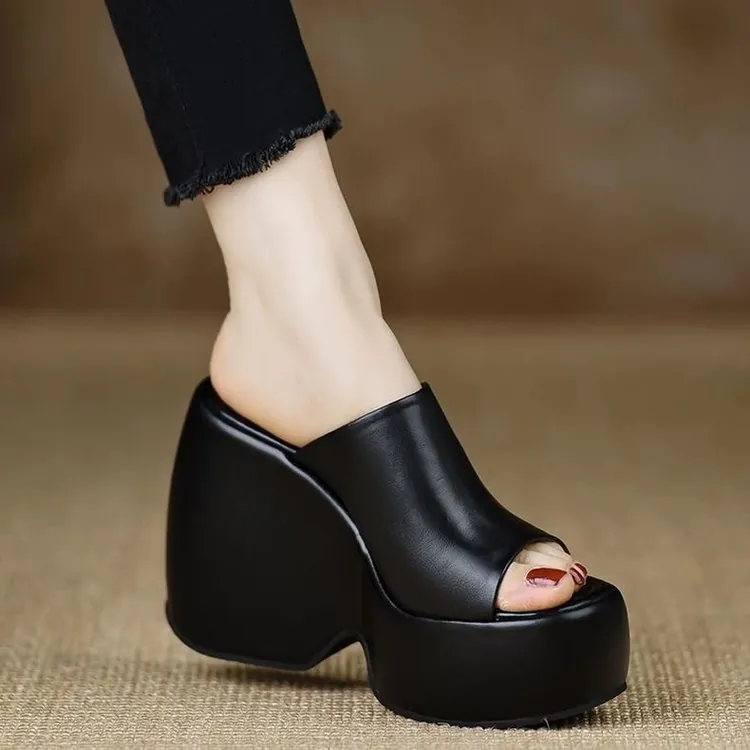 Sandali a Fascia da Donna con Zeppa e Plateau Peep Toe Tacco Alto Suola Spessa Ciabatte Casual da Spiaggia Estive