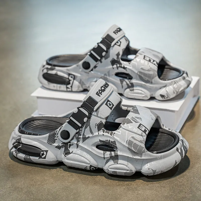 Men's Trendy Summer Outdoor Sandals Thick Sole Height Increasing Sports Slides Two-Way Wear Graffiti Print Anti-Slip EVA Beach Slippers