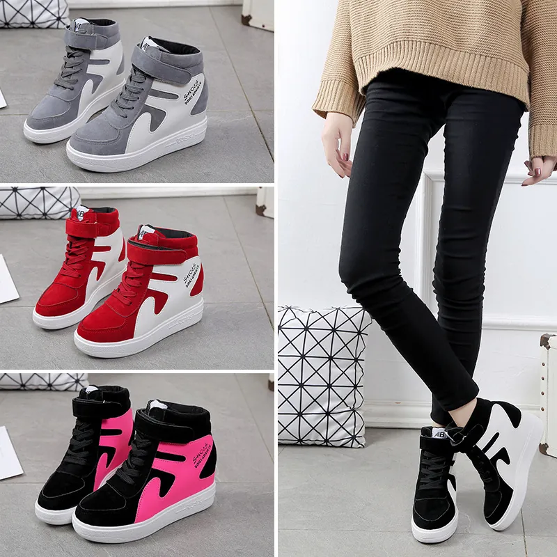 Baskets à Plateforme pour Femmes Talon Compensé Dissimulé Tige Haute Chaussures Décontractées Bloc de Couleur PU Respirantes