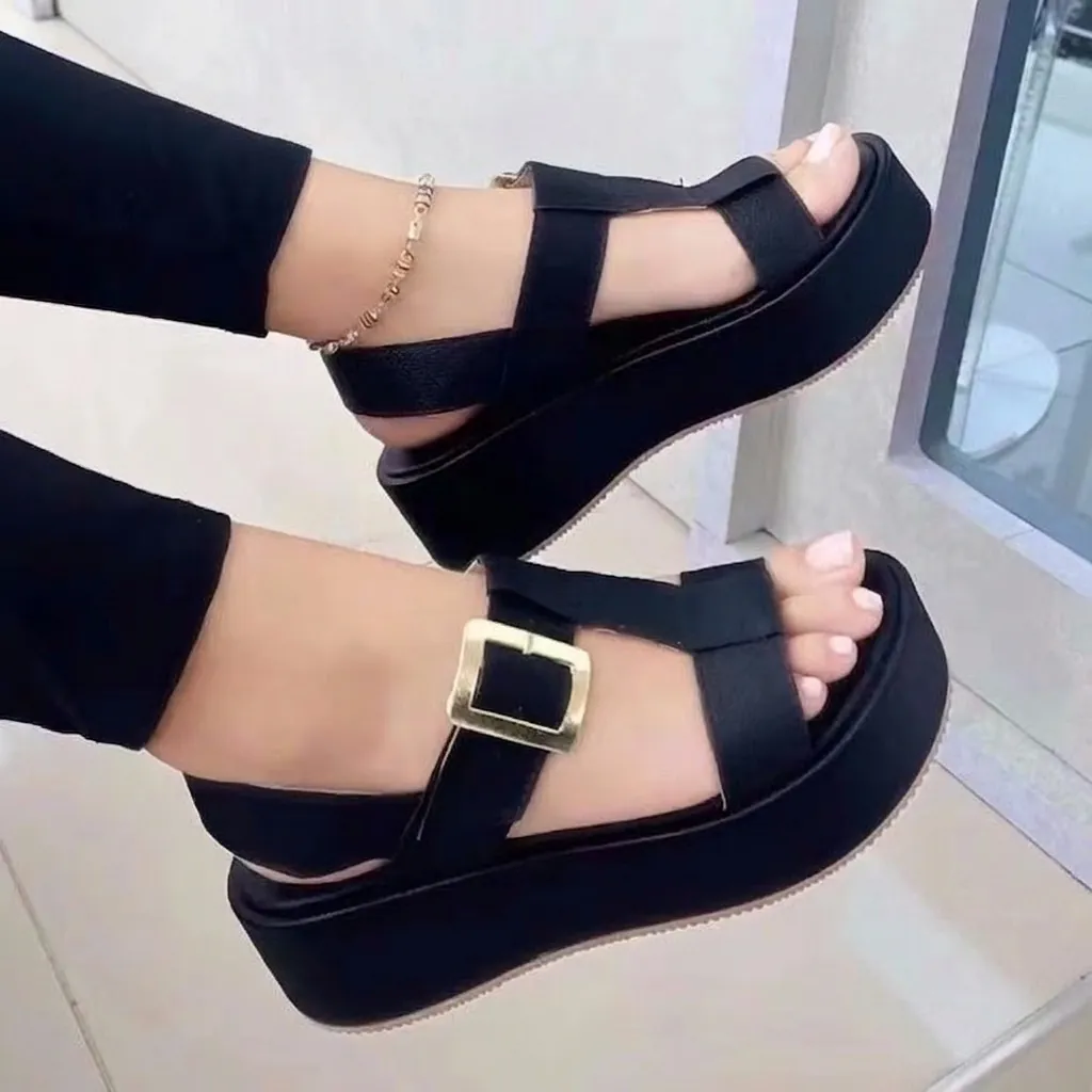 Damen Roman Plateau Sandalen PU Leder T-Riemen Strandschuhe Metallschnalle Dicke Sohle Gladiator Sandalen Sommer Schuhe