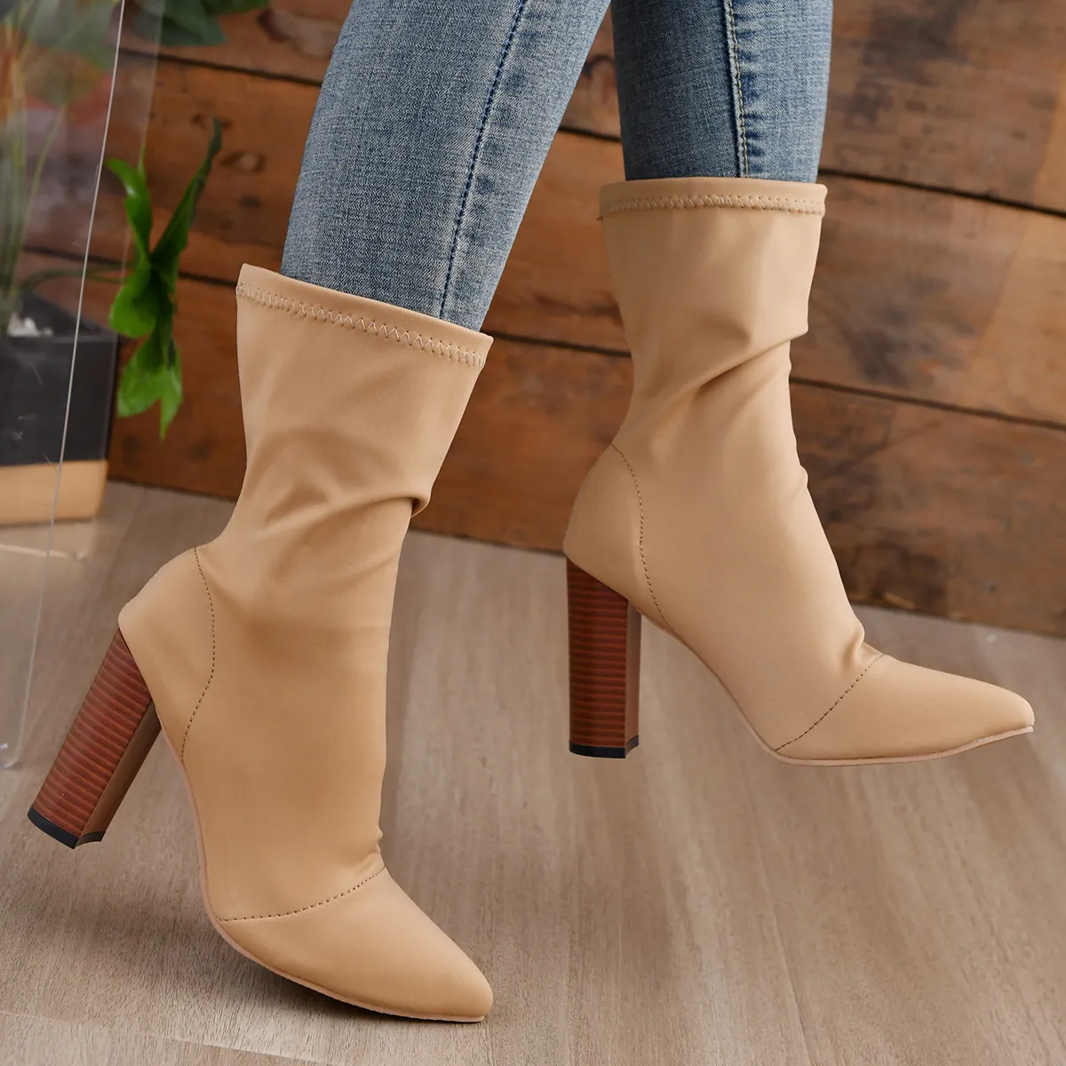 Damen Spitze Zehenpartie Blockabsatz Wadenhohe Stretch-Stiefel Wildlederimitat Schlupfstiefel Sockenstiefel Holzmaserung Absatz Herbst Winter Stiefel