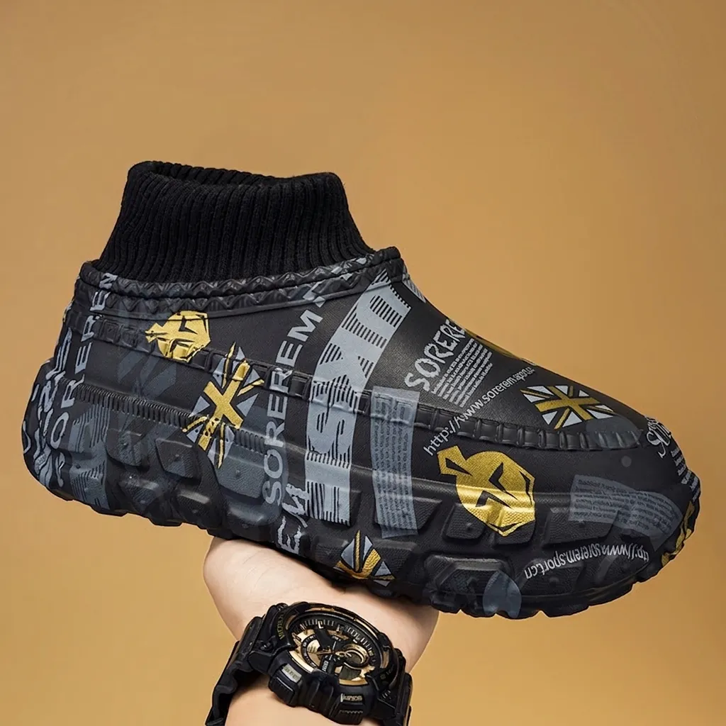Winter Designer Plush Lined Cotton Slippers Thick Sole Outdoor Warm Graffiti Print Newspaper Style Sock Cuff Shoes Unisex