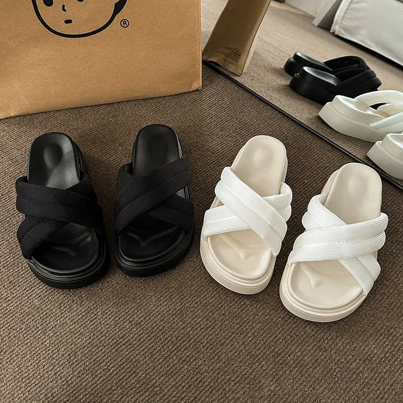 Women's Thick Sole Roman Cross Strap Slippers 2024 Summer New PU Leather Slip On Beach Sandals Casual Outdoor Comfort Shoes