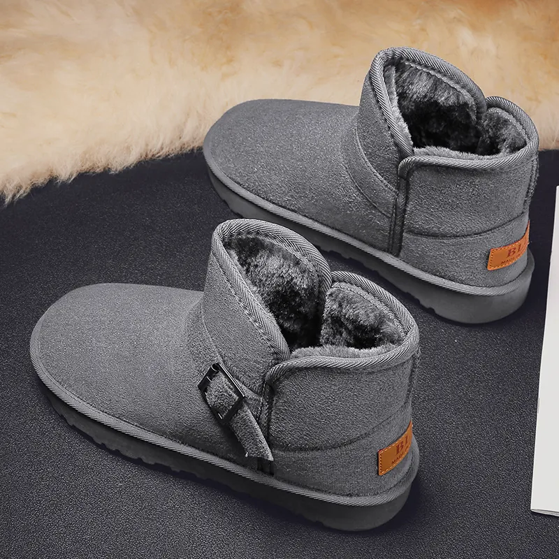 Unisex Winter Snow Boots Suede Leather Faux Fur Lined Warm Outdoor Shoes Slip Resistant Buckle Decoration Ankle Boots