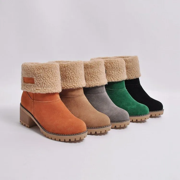 Women Korean Mid Calf Snow Boots Chunky High Heel Faux Suede Round Toe Winter Warm Fur Lined Foldable Two-Way Wear Boots