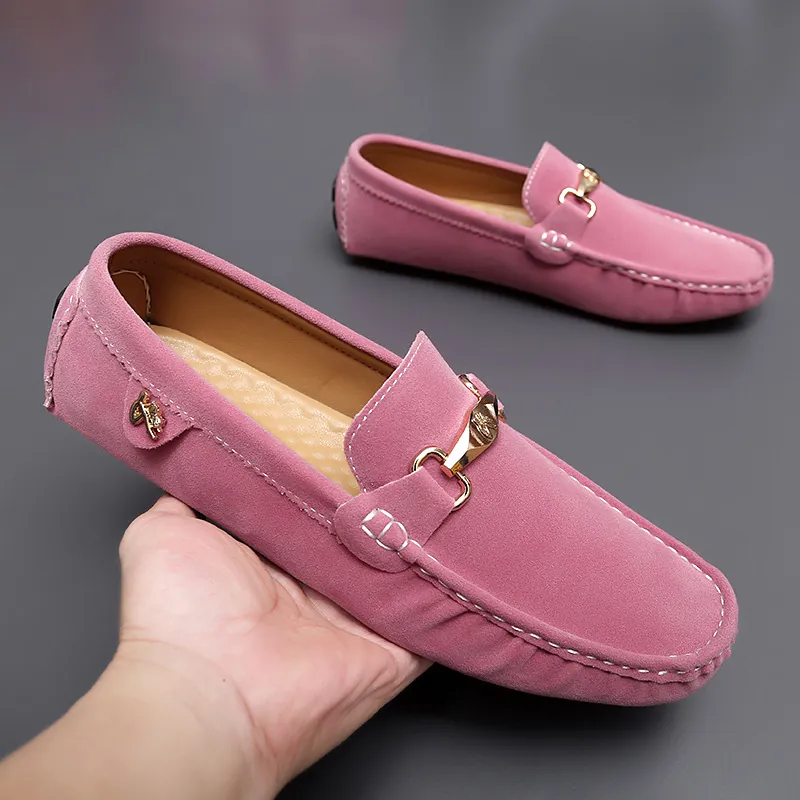 Euro-American Style Casual Men Microfiber Leather Loafers Metal Buckle Stitching Breathable Driving Shoes Solid Slip-on Flat Moccasins