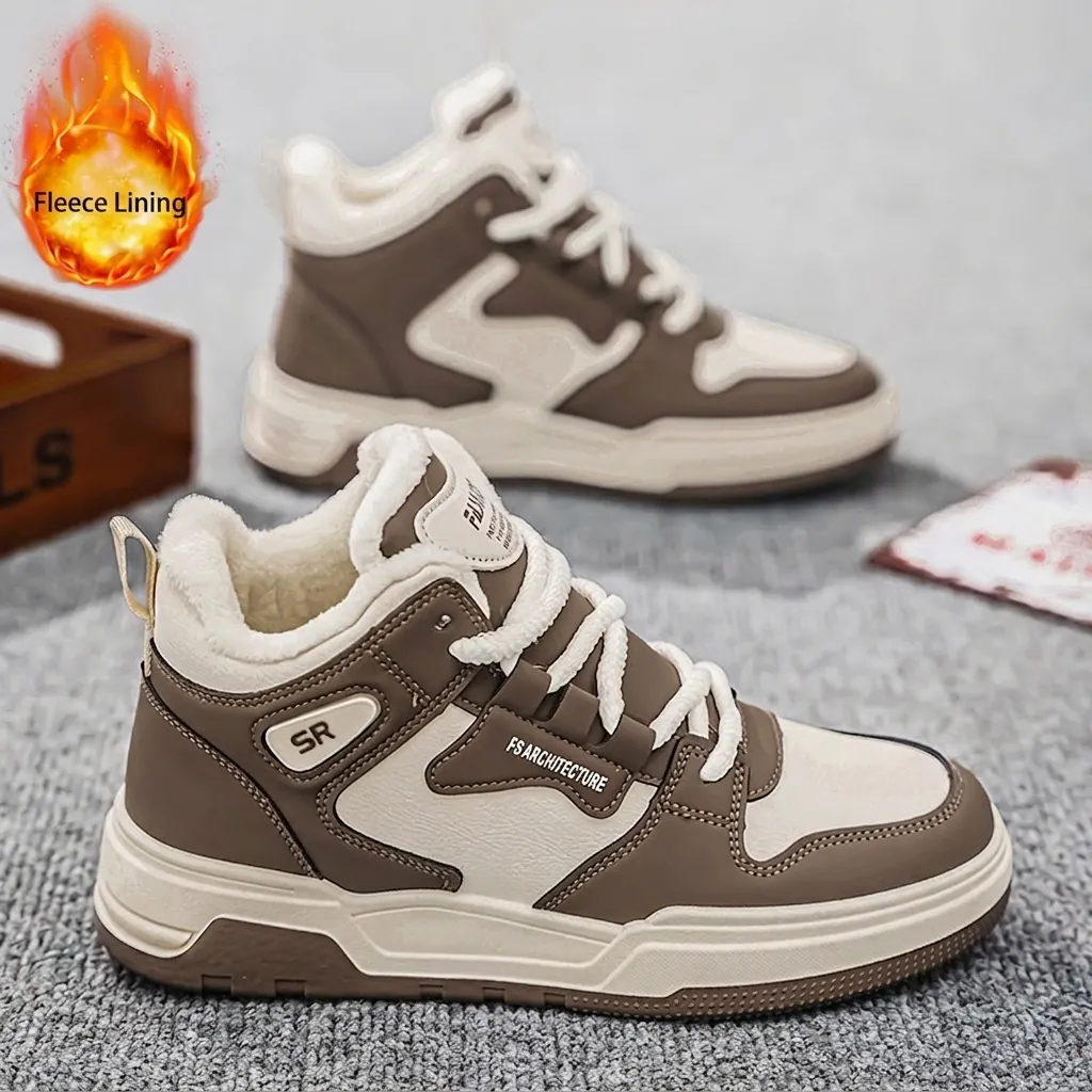 Baskets Chaudes à Tige Haute pour Hommes en Cuir Synthétique Doublé de Polaire Chaussures de Planche Décontractées à Blocs de Couleurs