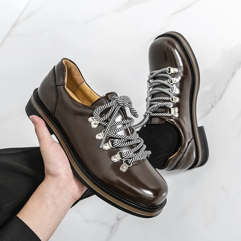 Herren Britischer Stil Großer Kopf Schnürschuhe PU Leder Business Casual Formelle Büroschuhe Mit Gestreiften Schnürsenkeln