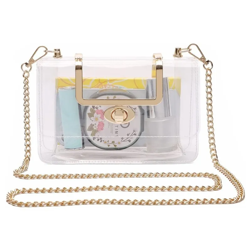 Fashion Clear PVC Crossbody Bag Women Transparent Handbag Stadium Approved With Detachable Gold Chain Strap Shoulder Bag For Sports Events