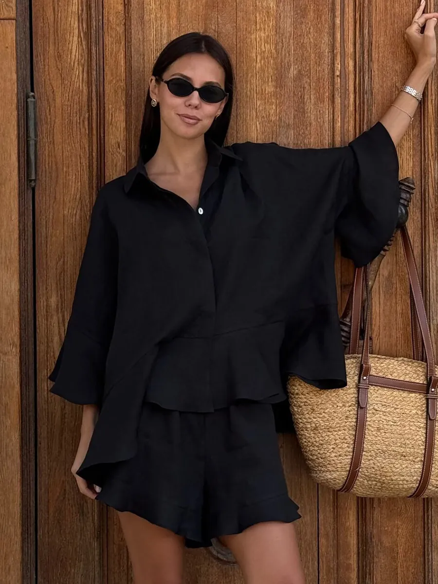Ensemble Haut Et Bas Décontracté en Coton pour Femmes Avec Ourlet à Volants Chemise à Manches Lanterne Et Short à Volants