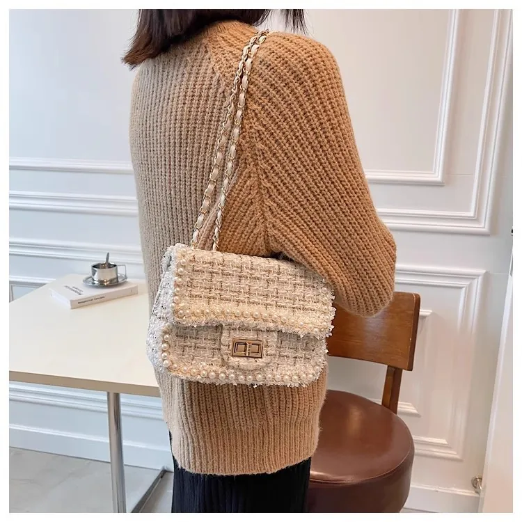 Women Elegant Tweed Woven Chain Crossbody Bag With Artificial Pearl Decor Stylish Square Flap Shoulder Bag For Commute Travel