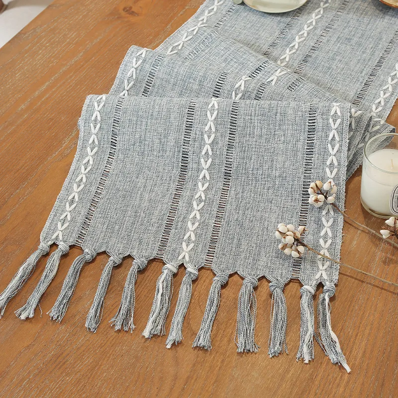 American Vintage Cotton Polyester Table Runner Handmade Tassels Hollow Embroidery Striped Geometric Design For Dining Room Home Decor Accessory