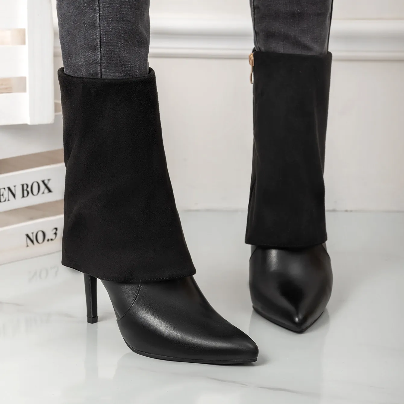 Damen Spitze Zehen Stiletto High Heel Wadenhohe Stiefel Mode Schwarz Gamaschenstiefel Patchwork PU Leder Wildleder Schuhe