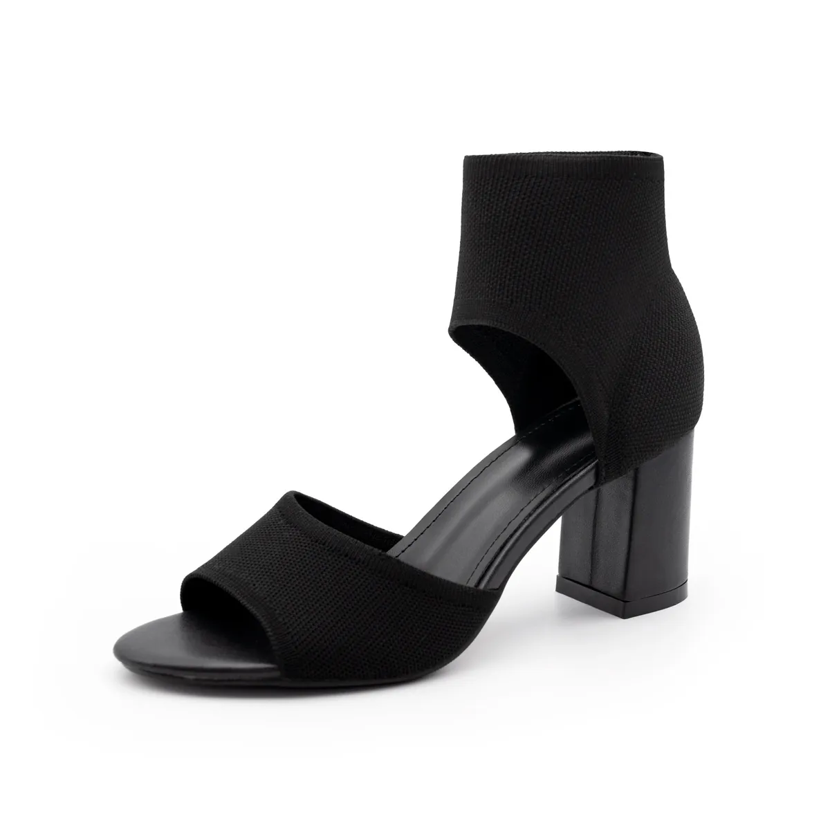 Women Flyknit Block High Heel Sandals Round Open Peep Toe Sock Sandal Roman Style Breathable Knit Fabric Summer Shoes