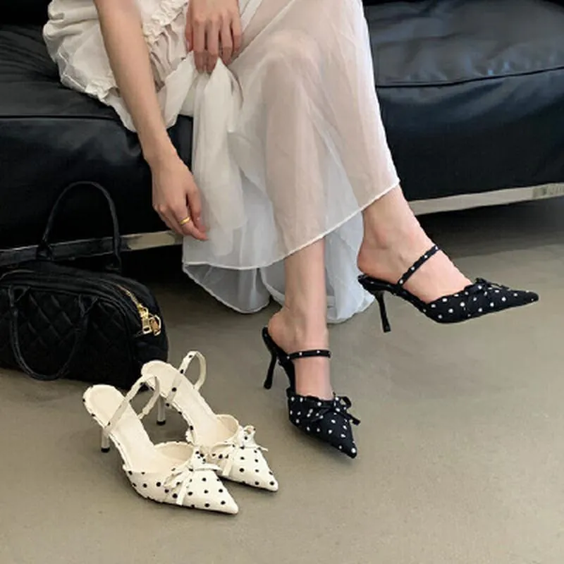 French Style Women Polka Dot Bow Stiletto High Heel Sandals Pointed Toe One-Strap Slingback Mules Elegant Party Dress Shoes