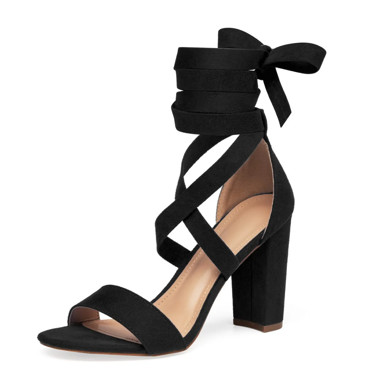 Sandalias de Tacón de Bloque para Mujer de Tela Correas Cruzadas Cordones Punta Abierta Moda de Verano Zapatos de Vestir Fiesta