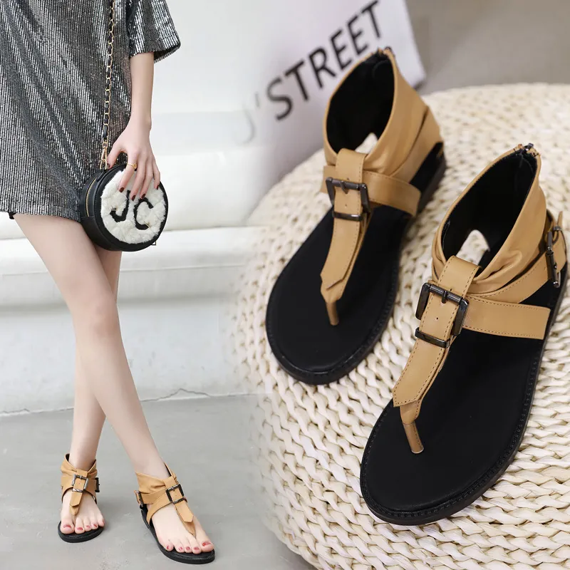 Women's Retro Roman Flat Sandals Clip Toe T-Strap Buckle Strappy PU Leather Summer Beach Shoes with Back Zipper Casual Daily