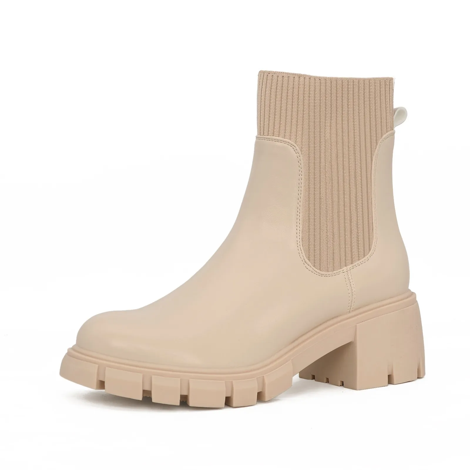 Women Chelsea Boots Chunky Heel Thick Sole Mid Calf Knit Patchwork Martin Boots Autumn Winter Casual Shoes