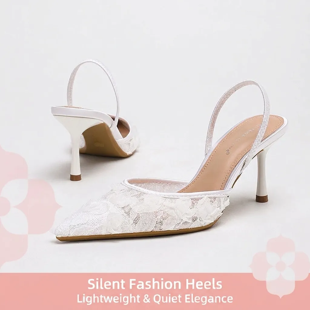 French Style Lace High Heel Sandals For Women Pointed Toe Stiletto Slingback Shoes With 3D Rose Flower Embroidery Summer Party Sandals