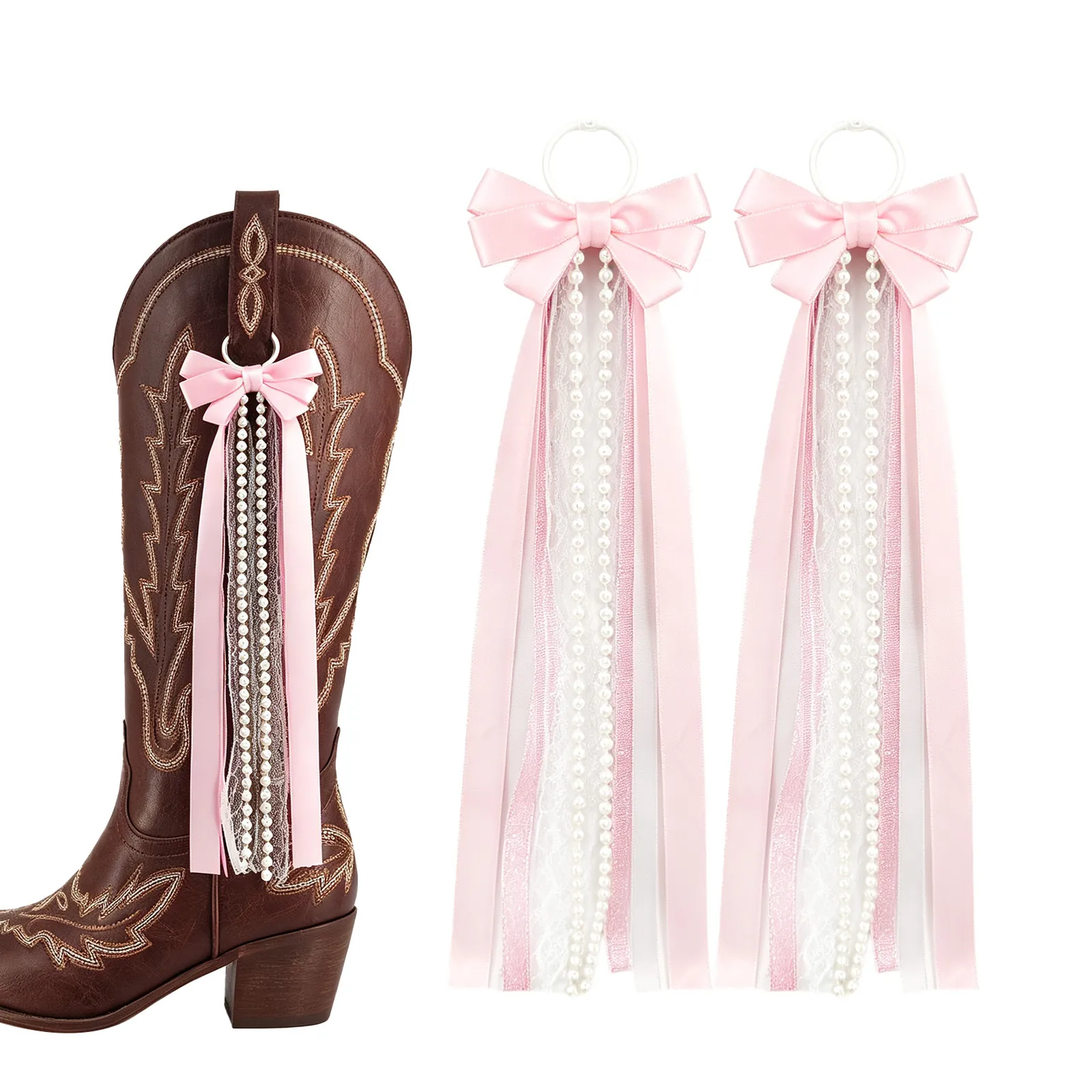 Western Cowboy Boot Decoration Charms Bohemian Style Ribbon Bow Knot Lace Artificial Pearl Shoe Accessories For Women Party