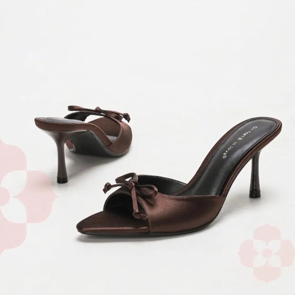 Women Summer Satin Pointed Toe Stiletto High Heel Mules Elegant Bow Decor Sandals Slip-on Dress Shoes For Commute Party