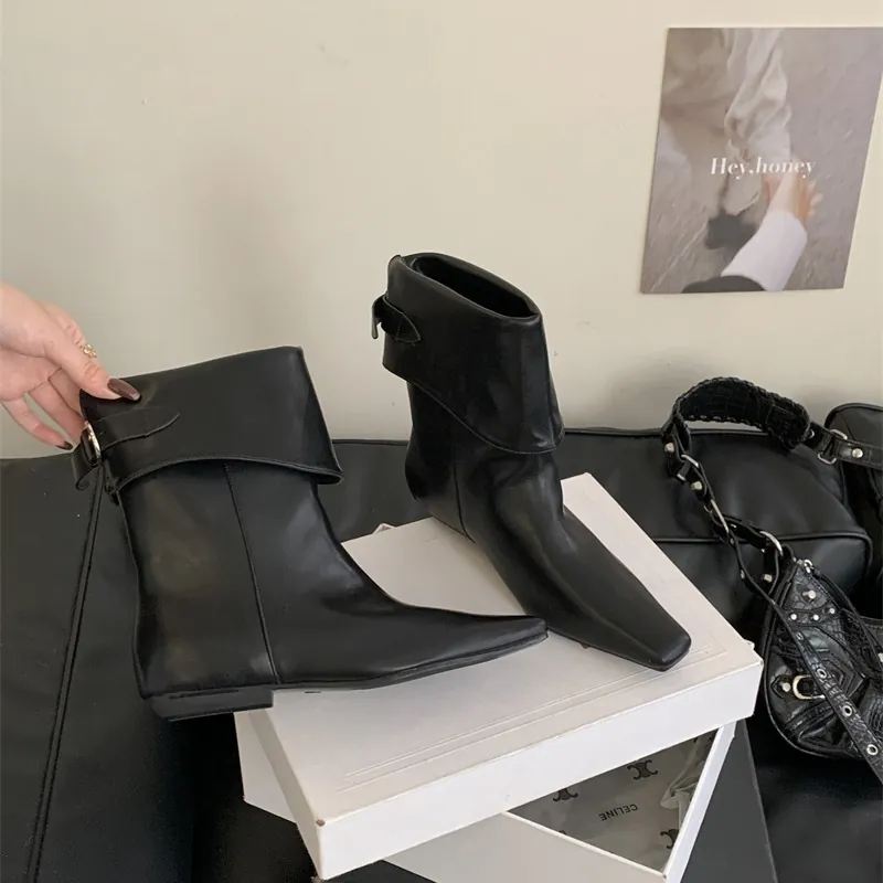 Women Fashion Sheepskin Ankle Boots Foldable Cuff Pointed Toe Chelsea Cowboy Boots Black Microfiber Lining Buckle Strap Boots