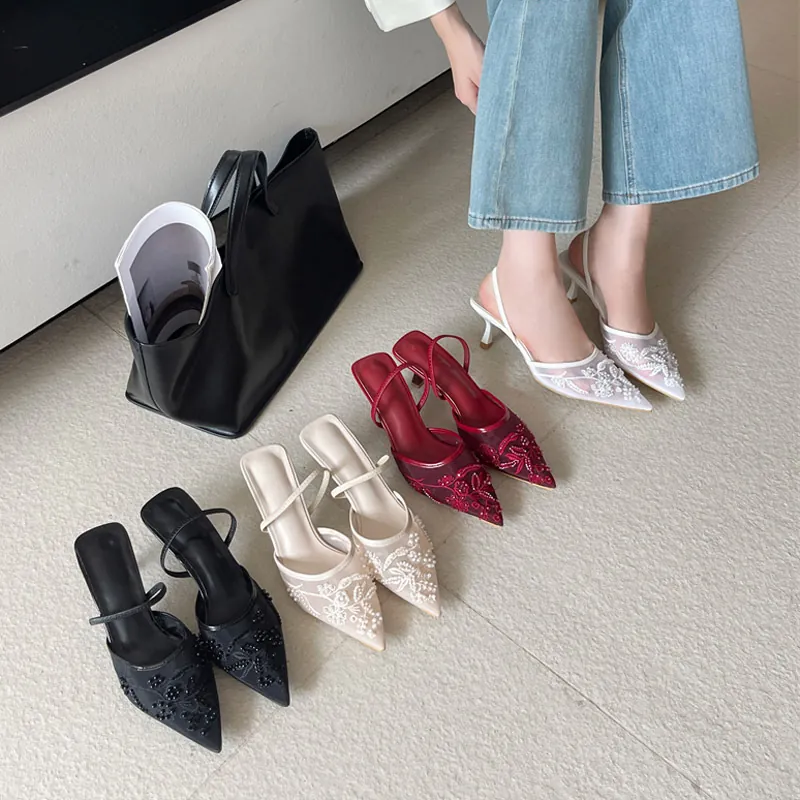 Women's Pointed Toe Slingback Heels Elegant Floral Mesh Embroidery Artificial Pearl Kitten Heels Stiletto Pumps Sandals