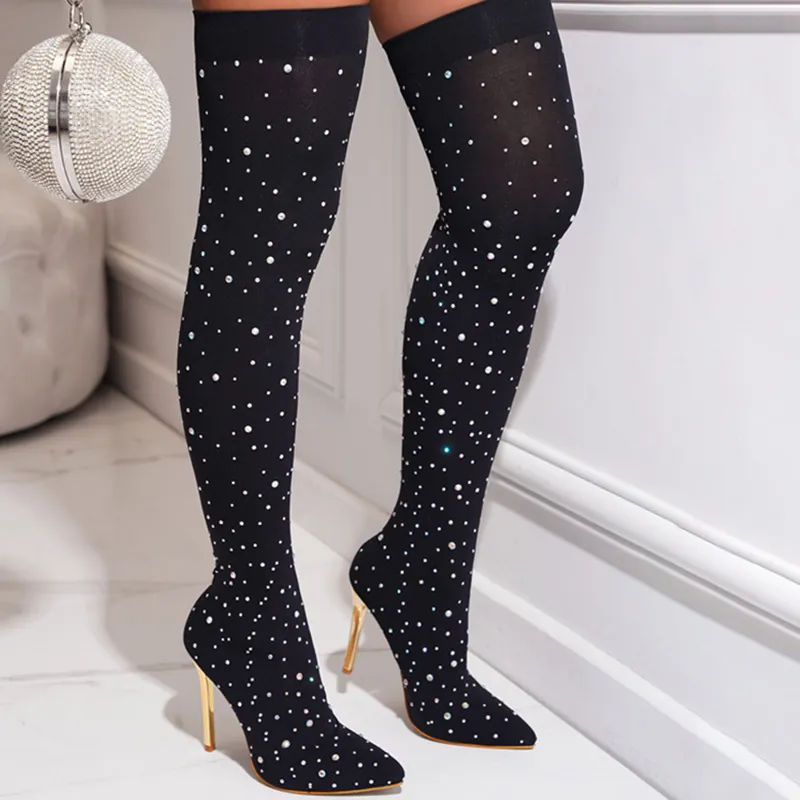 Women Rhinestone Over-the-Knee Boots Sexy Pointed Toe Stiletto High Heel Elastic Slimming Fashion Microfiber Stiletto Boots
