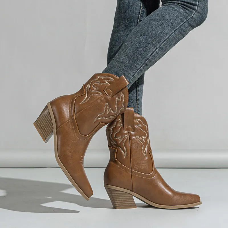 Women Western Cowboy Mid-Calf Boots Pointed Toe Embroidered Knight Boots PU Leather Chunky High Heel Side Zipper Shoes
