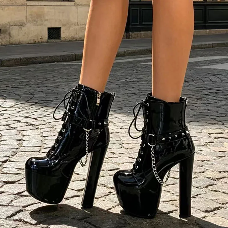 Women Patent Leather Platform Ankle Boots Dark Gothic Punk Metal Chain Studs Block High Heel Lace Up Stage Performance Shoes