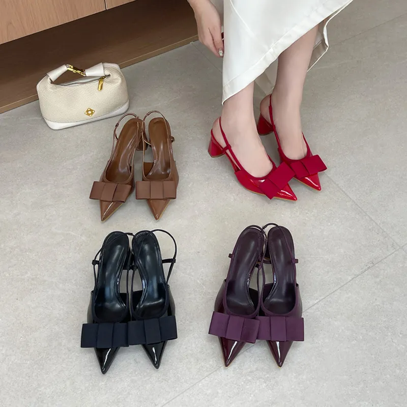 Women's French Style Patent Leather Pointed Toe Bow Slingback Block High Heel Pumps Elegant Commuter Summer Dress Shoes